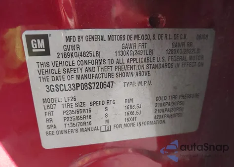 2008 Saturn Vue 4-Cyl Xe from USA, damaged, VIN 3GSCL33P08S720647